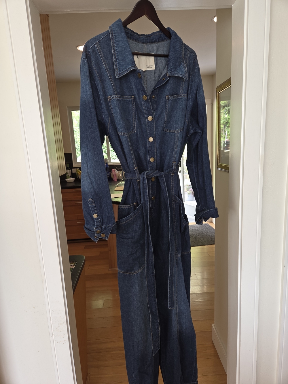 Anthropologie Dark Blue Denim Jumpsuit with Tie Waist
